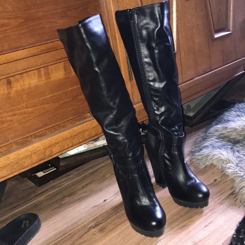 Faux leather knee high boots with chunky heel